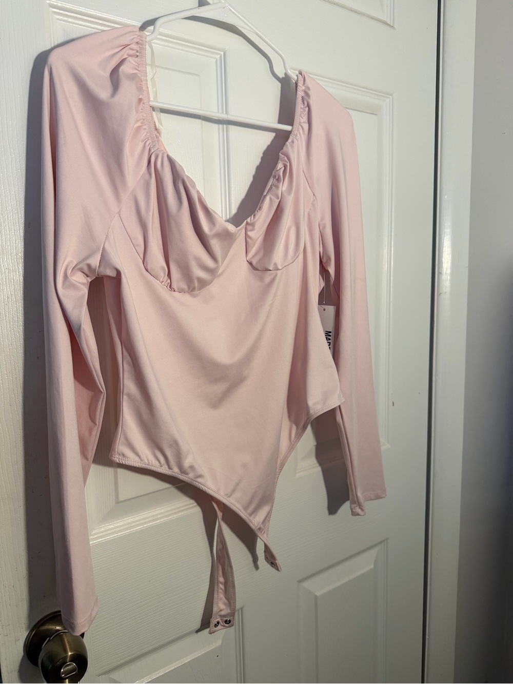 Madden NYC XL Long-Sleeve Pink Bodysuit Top - Soft Scoop Neck